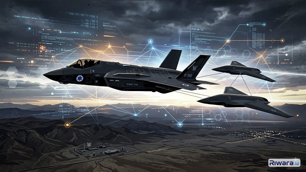 Ilustrasi pesawat tempur F-35 Israel dengan dua pesawat otonom tanpa awak dibuat dengan bantuan Gemini AI